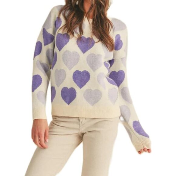 Women Heart Print Knit Pullover Sweater Long Sleeve Round Neck Trendy